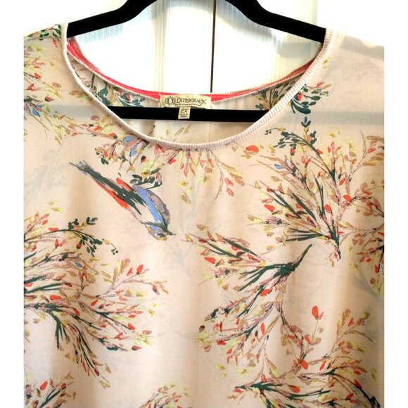 Democracy Women's Blouse Sheer Floral Bird Print Drop Shoulder Relaxed Top - 2X - Picture 2 of 8
